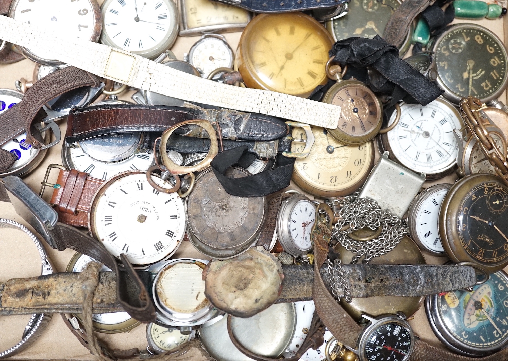 A collection of assorted wrist and pocket watches, mostly a.f. including an 18k Swiss chronograph wrist watch.